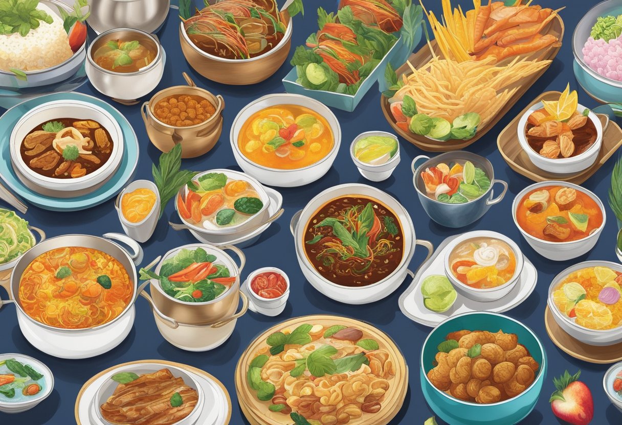 A colorful array of Singaporean dishes fills the buffet tables, enticing aromas wafting through the air. Steam rises from piping hot dishes, while vibrant fruits and desserts add a pop of color to the scene