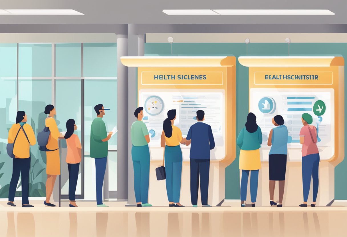 A group of people lining up at a health screening center, with signs displaying eligibility criteria and subsidies information