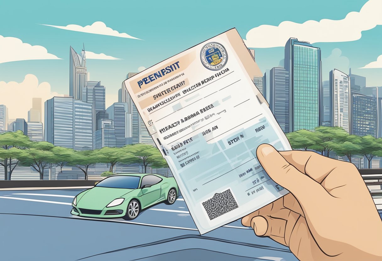 A hand holding an international driving permit against a Singaporean cityscape backdrop