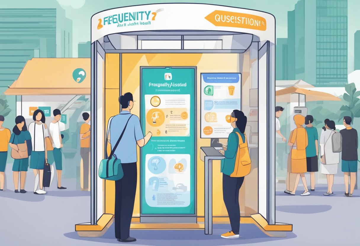 A person standing at a health screening kiosk in Singapore, with a sign displaying "Frequently Asked Questions" and various health-related symbols