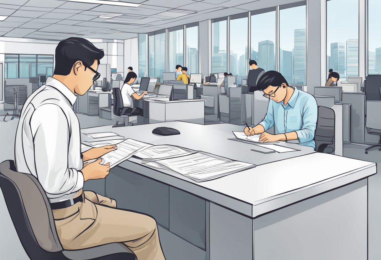 A person fills out an application form at the Singapore International Driving Permit office. The clerk processes the paperwork and issues the permit