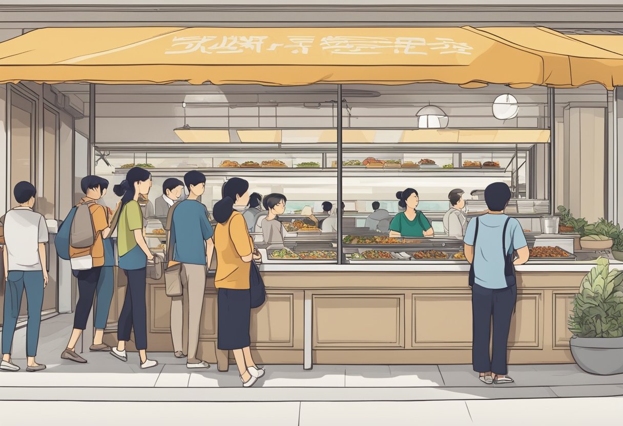 A long line of hungry customers waits outside a bustling 1 for 1 buffet in Singapore, with a sign displaying "Frequently Asked Questions" prominently