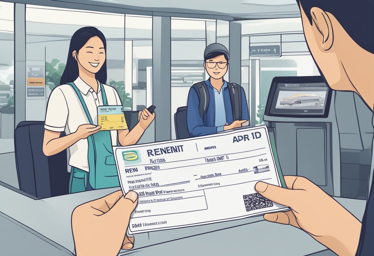 A traveler holding an international driving permit at a rental car counter in Singapore. The permit is being handed to the rental agent for verification