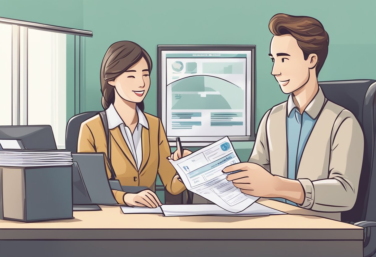 A person at a travel agency desk handing an international driving permit application form to a customer