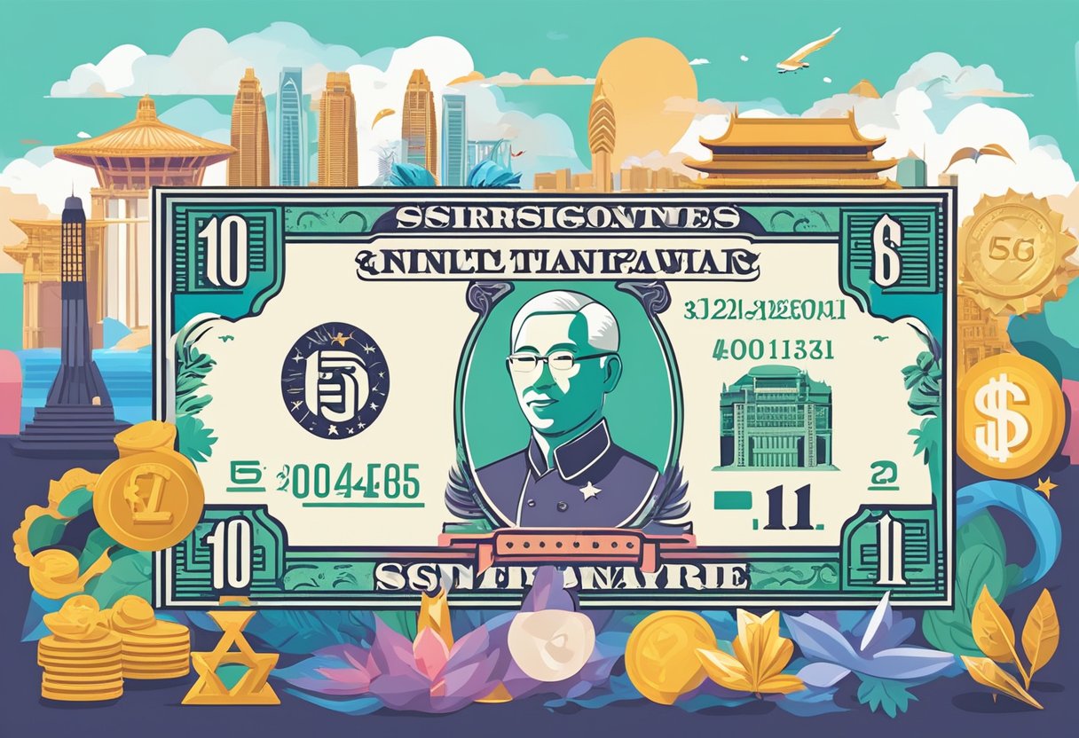 A vibrant Singapore dollar bill surrounded by iconic national symbols and landmarks