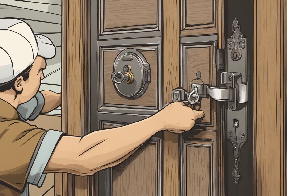 A locksmith in Singapore carefully picks a lock on a vintage wooden door using specialized tools