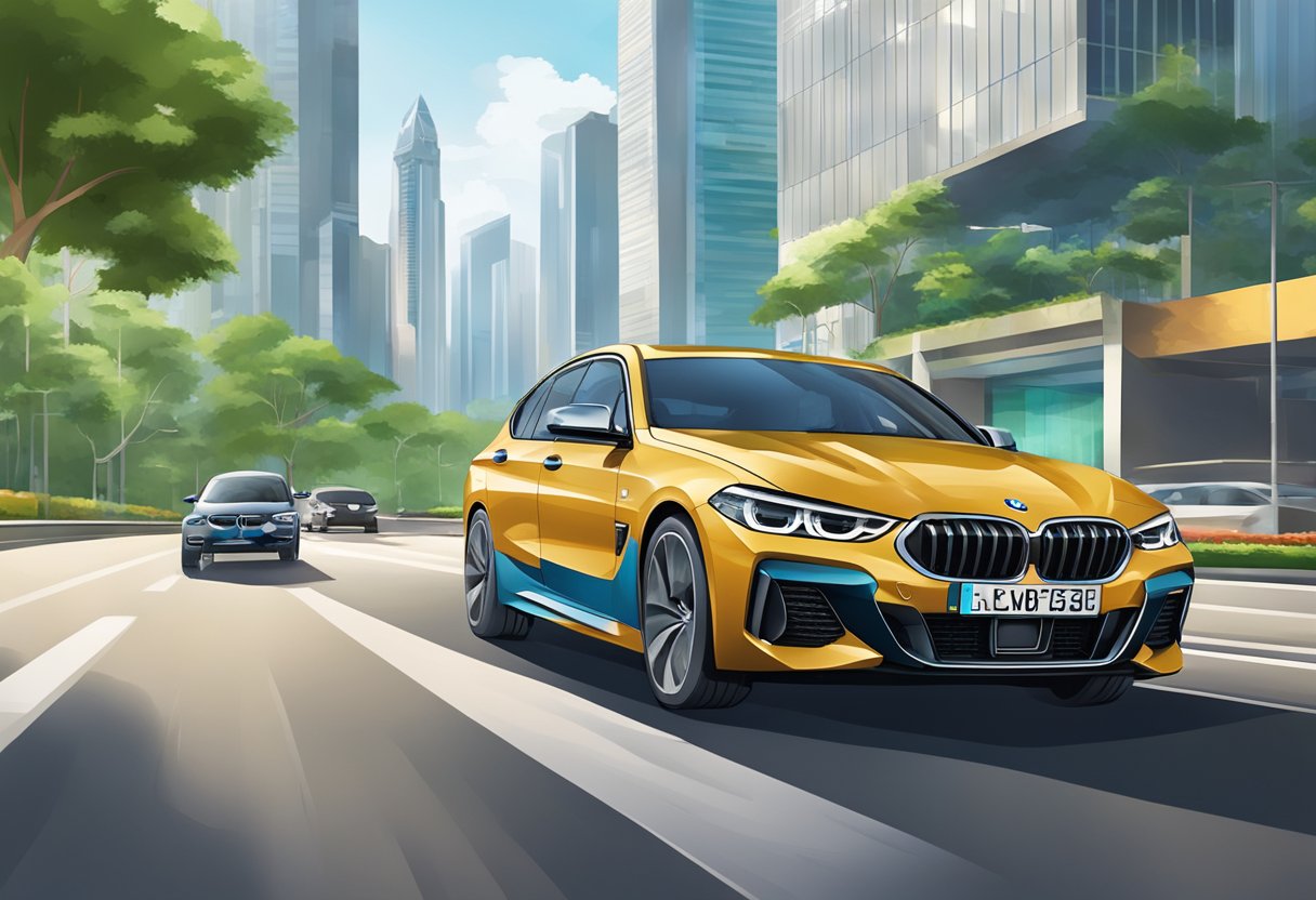 A sleek BMW car drives through the bustling streets of Singapore, passing by modern skyscrapers and lush greenery