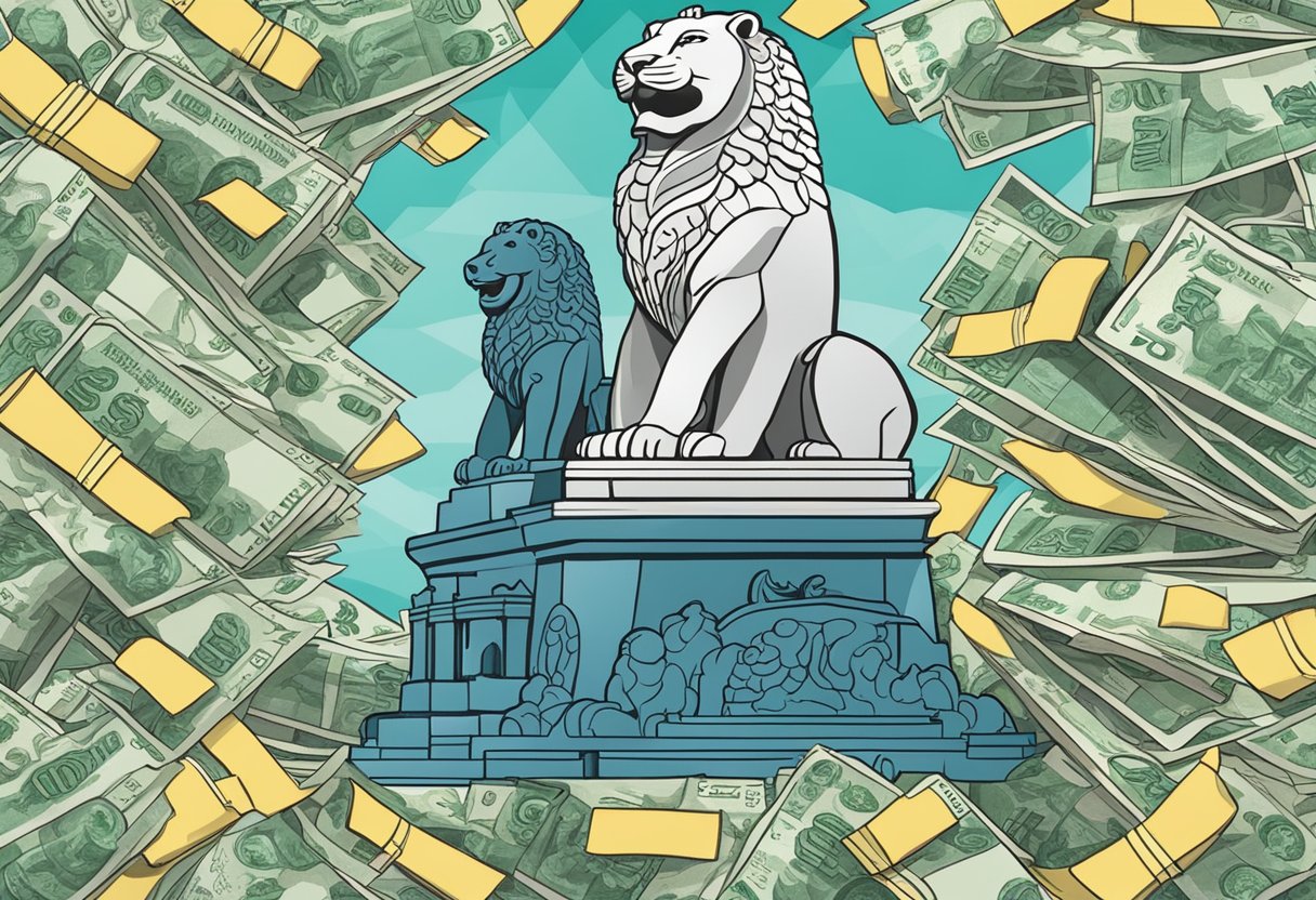 A stack of Singapore Dollar bills with the iconic Merlion statue in the background, representing the country's currency and national symbol