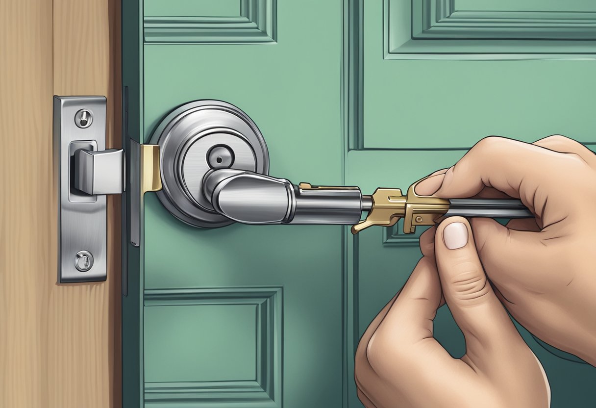 A locksmith in Singapore is skillfully picking a lock on a door, surrounded by a set of tools and a key ring