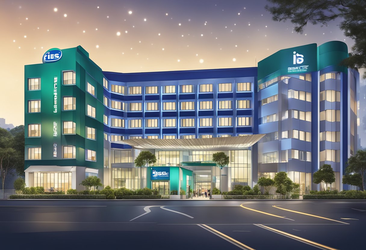 The vibrant lights of the ibis budget Singapore Emerald hotel illuminate the sleek, modern facade against the night sky