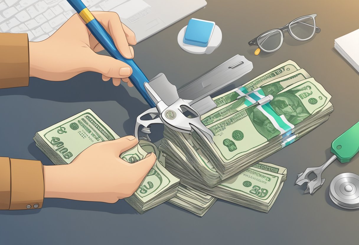 A hand holding a stack of Singapore dollar bills with currency exchange tools and services in the background