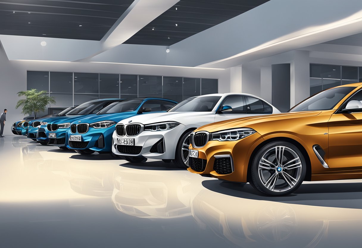A lineup of BMW models showcasing their performance on a sleek showroom floor