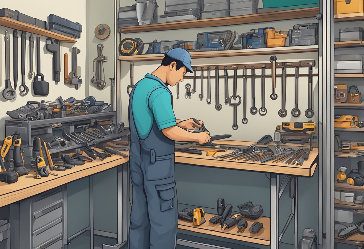 A locksmith in Singapore carefully selects tools from a neatly organized workbench, ready to tackle a challenging lock