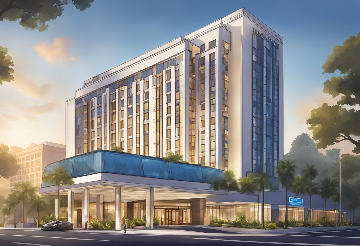 The hotel's modern facade stands tall against the city skyline, with sleek architecture and vibrant signage welcoming guests