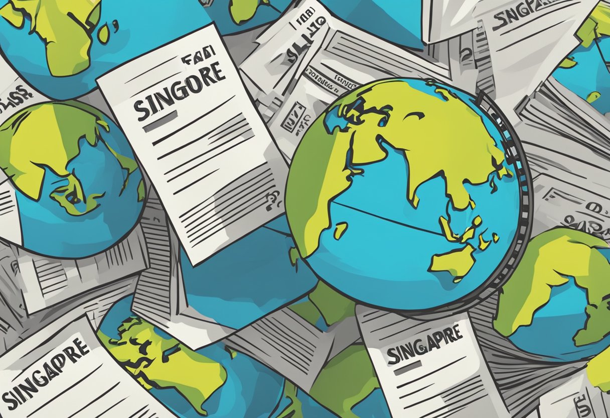 A stack of FAQ sheets with "Dollar Singapore" printed on top, surrounded by question marks and a globe in the background