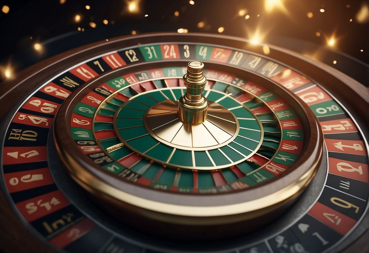 A spinning roulette wheel with cryptocurrency symbols instead of numbers