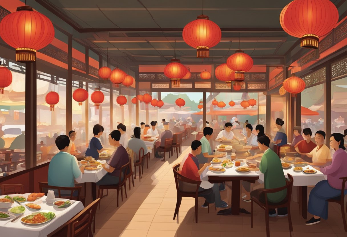 The bustling Chinese restaurant in Singapore features red lanterns, round tables, and steaming dim sum carts. Aromas of sizzling stir-fry and sizzling hot pots fill the air