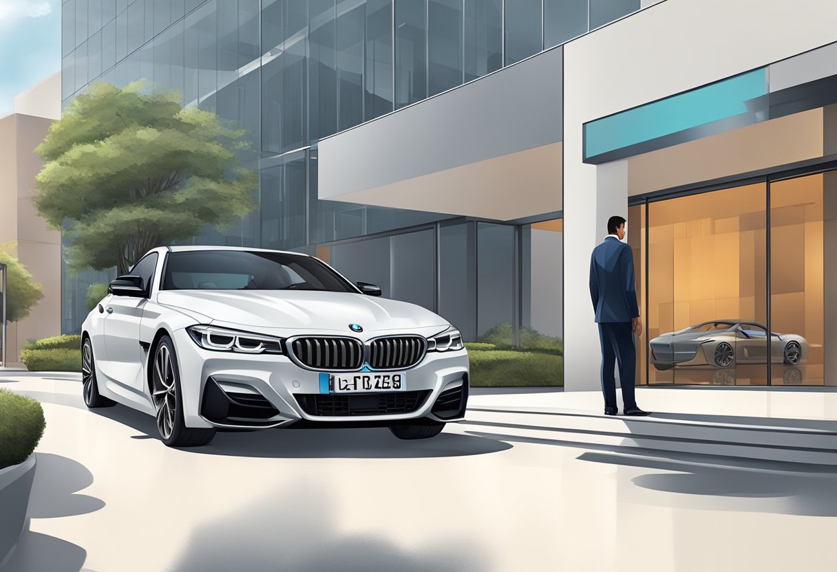 A sleek BMW parked in front of a modern building, with a valet opening the door for a customer