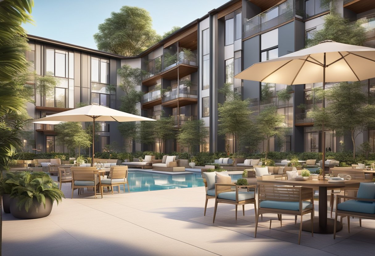 A spacious courtyard with lush greenery, modern seating areas, and elegant lighting. Adjacent to the courtyard, there are luxurious amenities such as a swimming pool, fitness center, and spa facilities