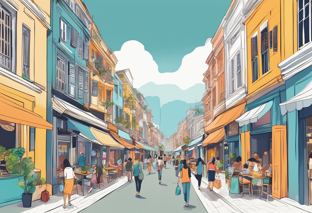 A colorful street lined with vibrant shophouses, bustling with activity. A mix of locals and tourists wander past trendy cafes and quirky boutiques