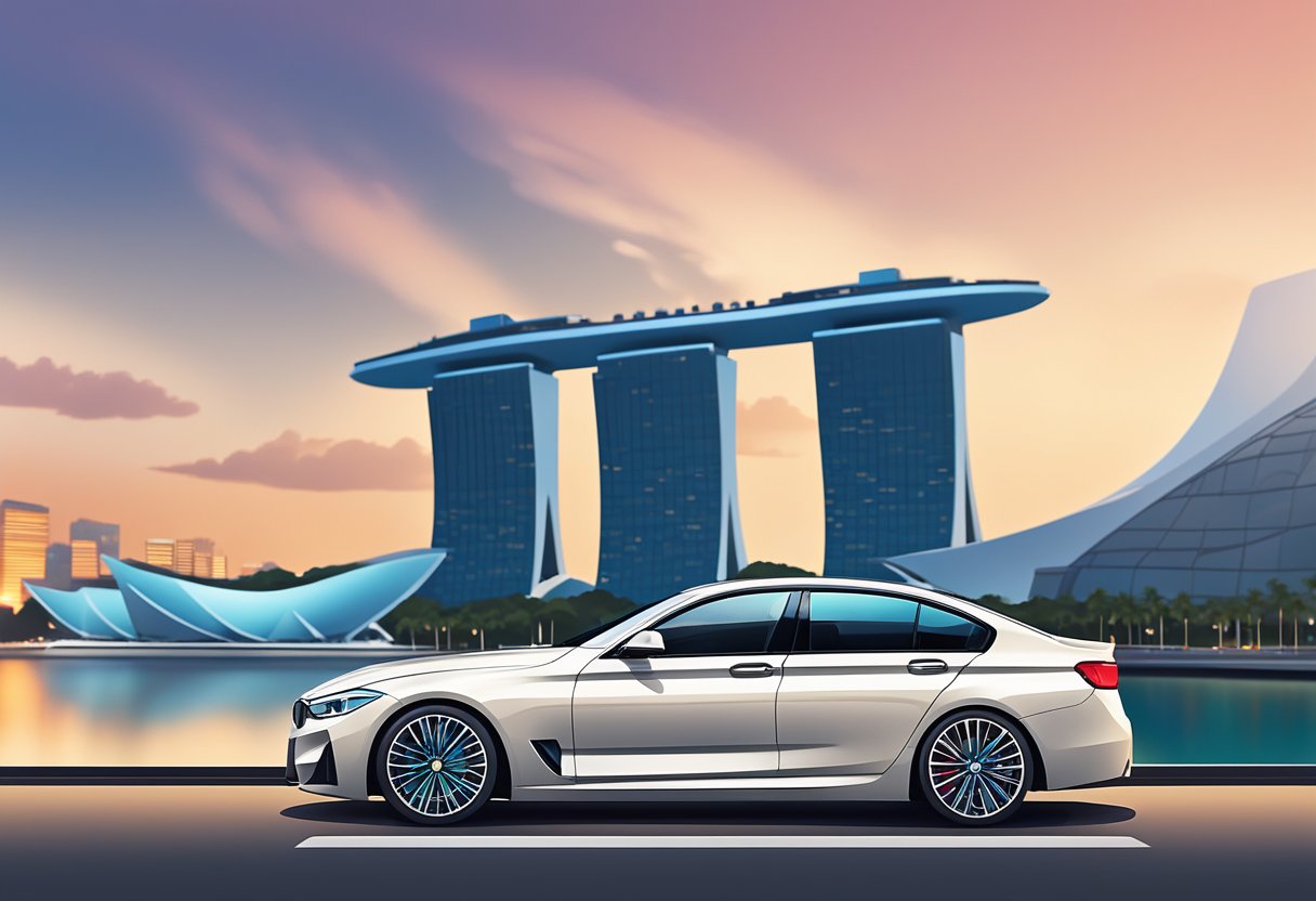 A sleek BMW car parked in front of a modern Singaporean skyline, with the iconic Marina Bay Sands in the background