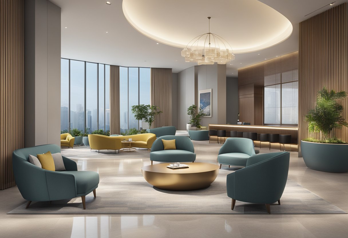 A modern lobby with sleek furniture, a cozy lounge area, and a stylish reception desk at Capri by Fraser China Square, Singapore