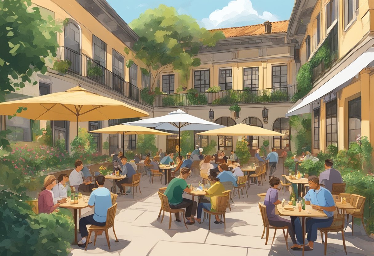 A bustling courtyard with dining tables, lush greenery, and twinkling lights. People are enjoying their meals and drinks, while others relax in the comfortable seating areas