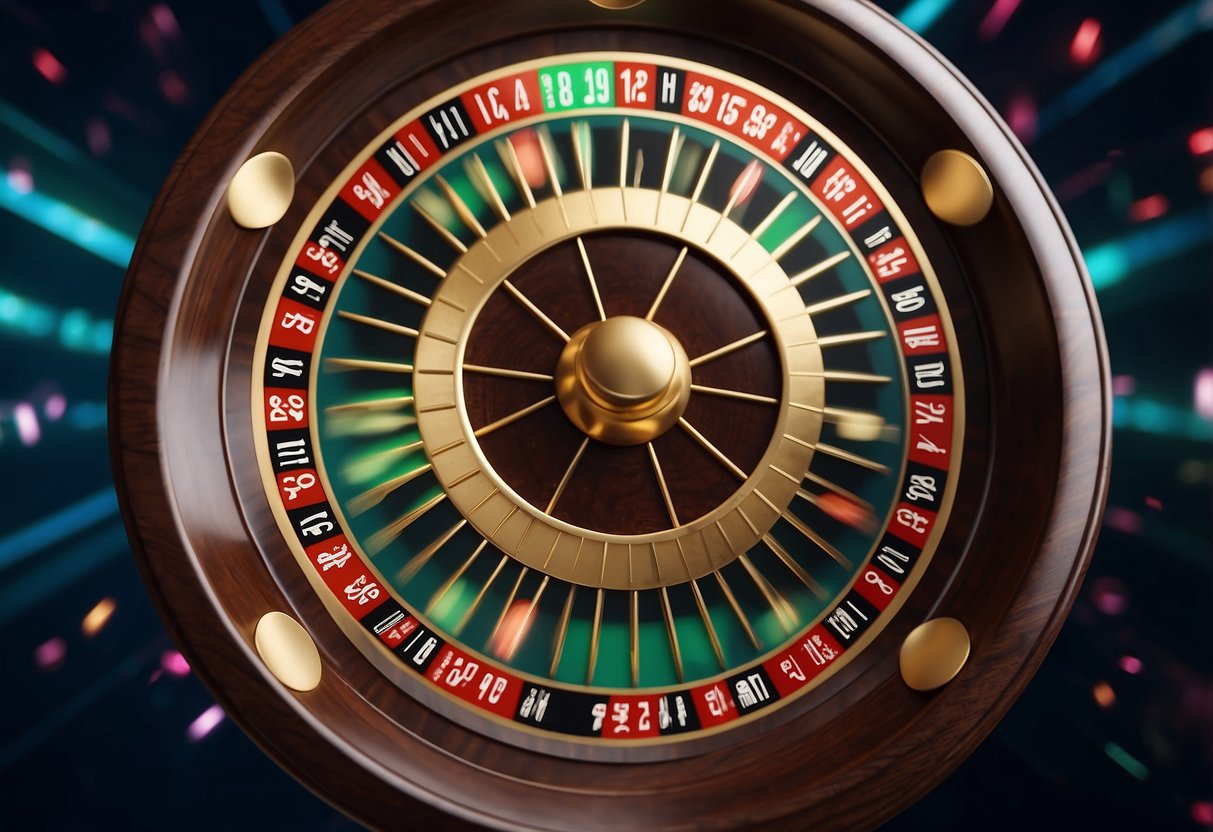 A roulette wheel spins, surrounded by digital currency symbols. Bets are placed, and the wheel comes to a stop, determining the winner