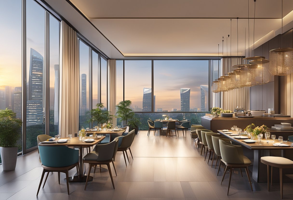 A sleek, modern dining area with warm lighting and contemporary decor, set within the bustling cityscape of Singapore's China Square