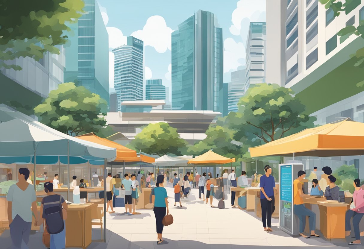 A bustling courtyard in Singapore's Novena district, with people gathered around information kiosks and signs, under the shade of towering buildings