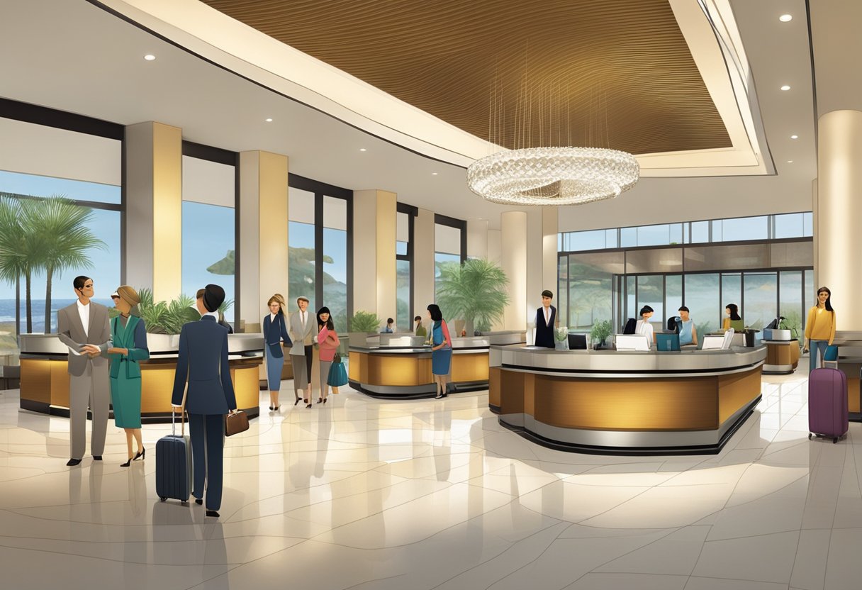 The bustling lobby of Capri by Fraser China Square, with guests checking in at the front desk and staff assisting with luggage. The modern and sleek design of the hotel is evident in the decor and furnishings