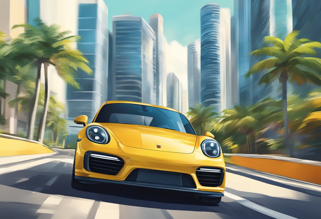 A sleek Porsche speeds through the vibrant streets of Singapore. Skyscrapers and palm trees blur in the background as the car zips along the city roads