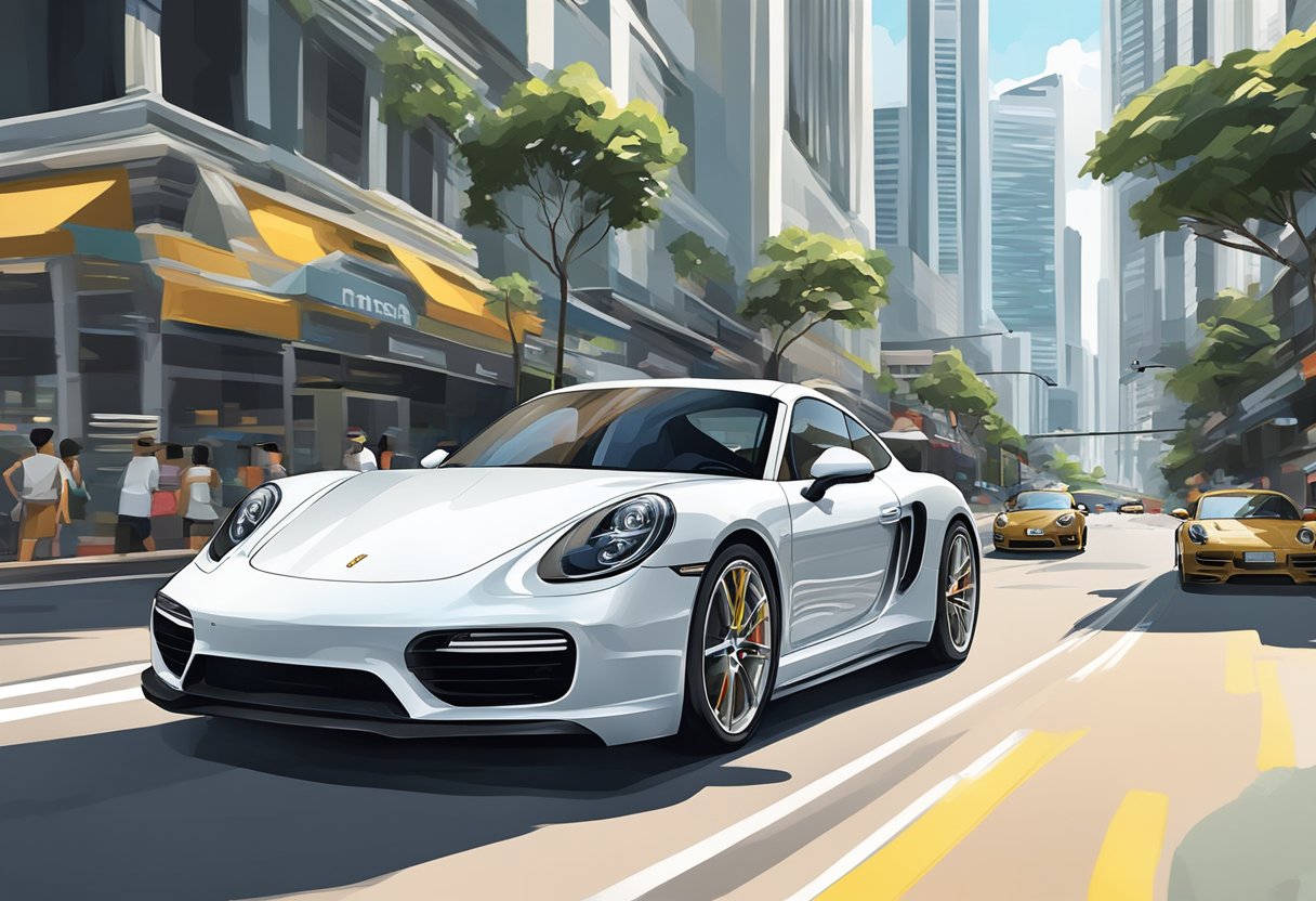 A sleek Porsche glides through the bustling streets of Singapore, reflecting the city's modernity and luxury