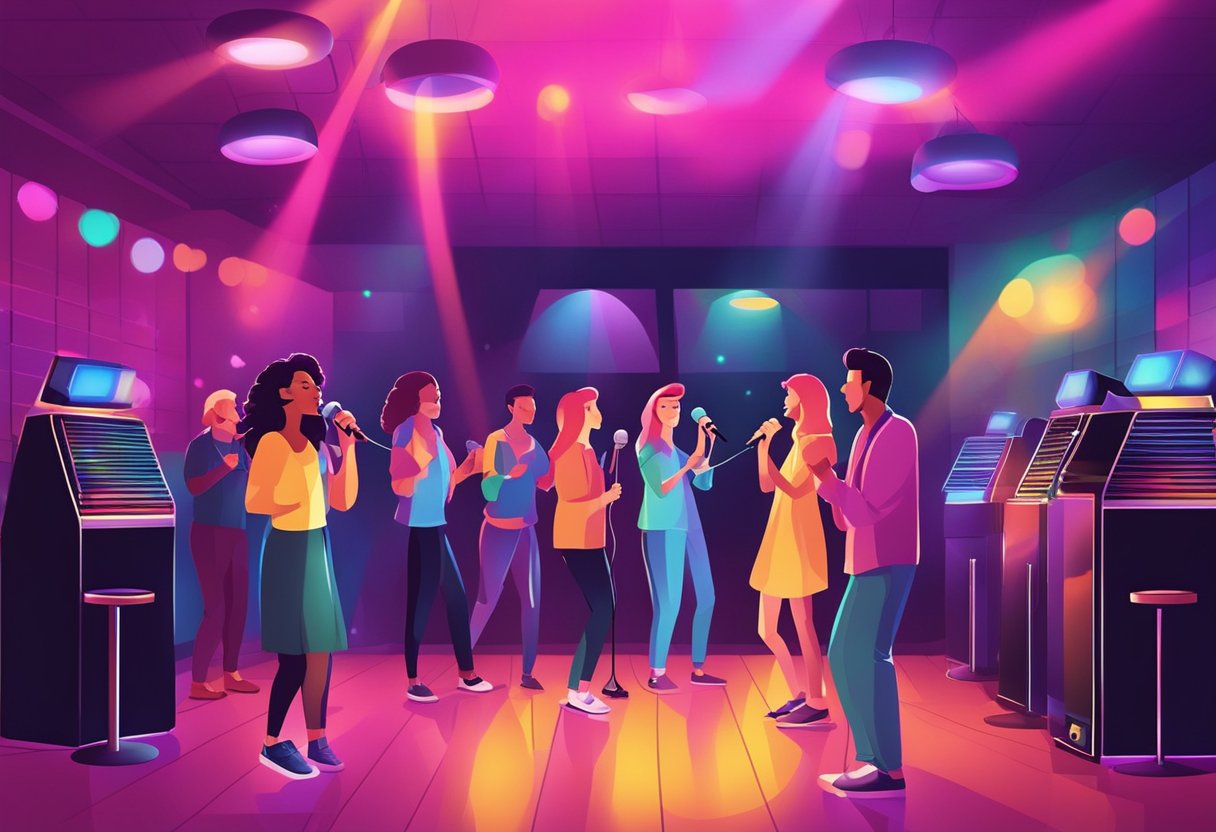 People singing at karaoke machines in a dimly lit room with colorful disco lights and a lively atmosphere