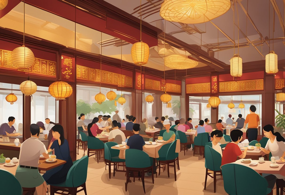 A bustling Chinese restaurant in Singapore, filled with diners enjoying a variety of dishes, from traditional dim sum to flavorful stir-fries. Rich red and gold decor adorns the space, creating a warm and inviting atmosphere