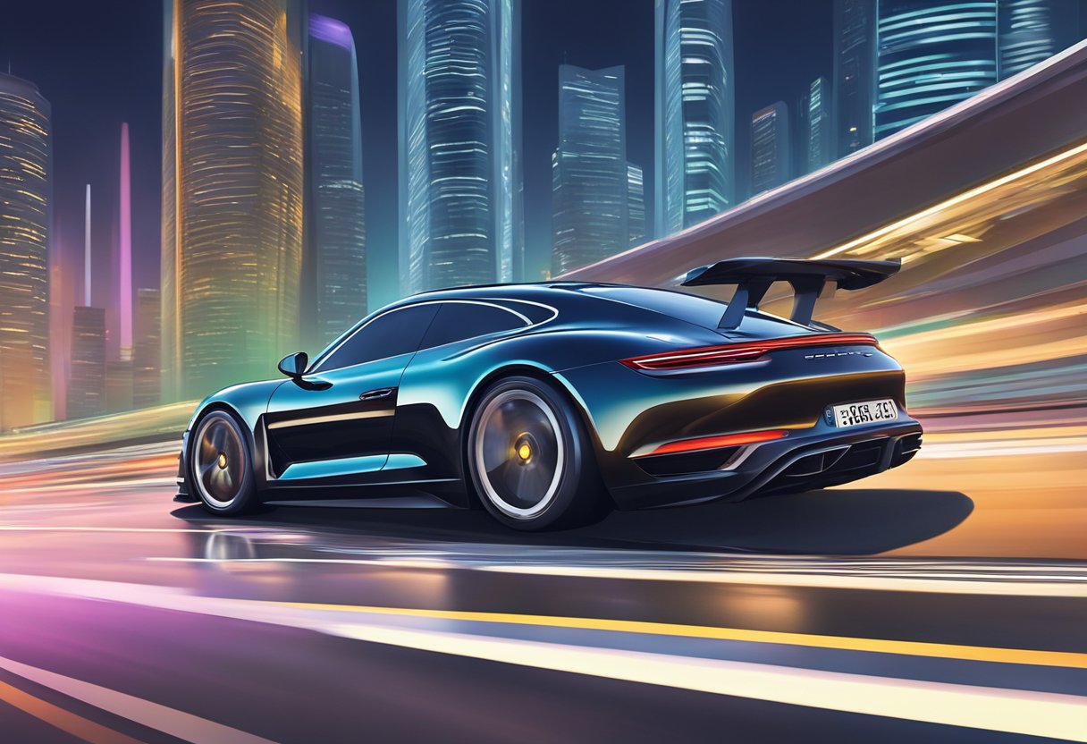 A sleek Porsche glides through the futuristic cityscape of Singapore, its headlights reflecting off the sleek, modern architecture