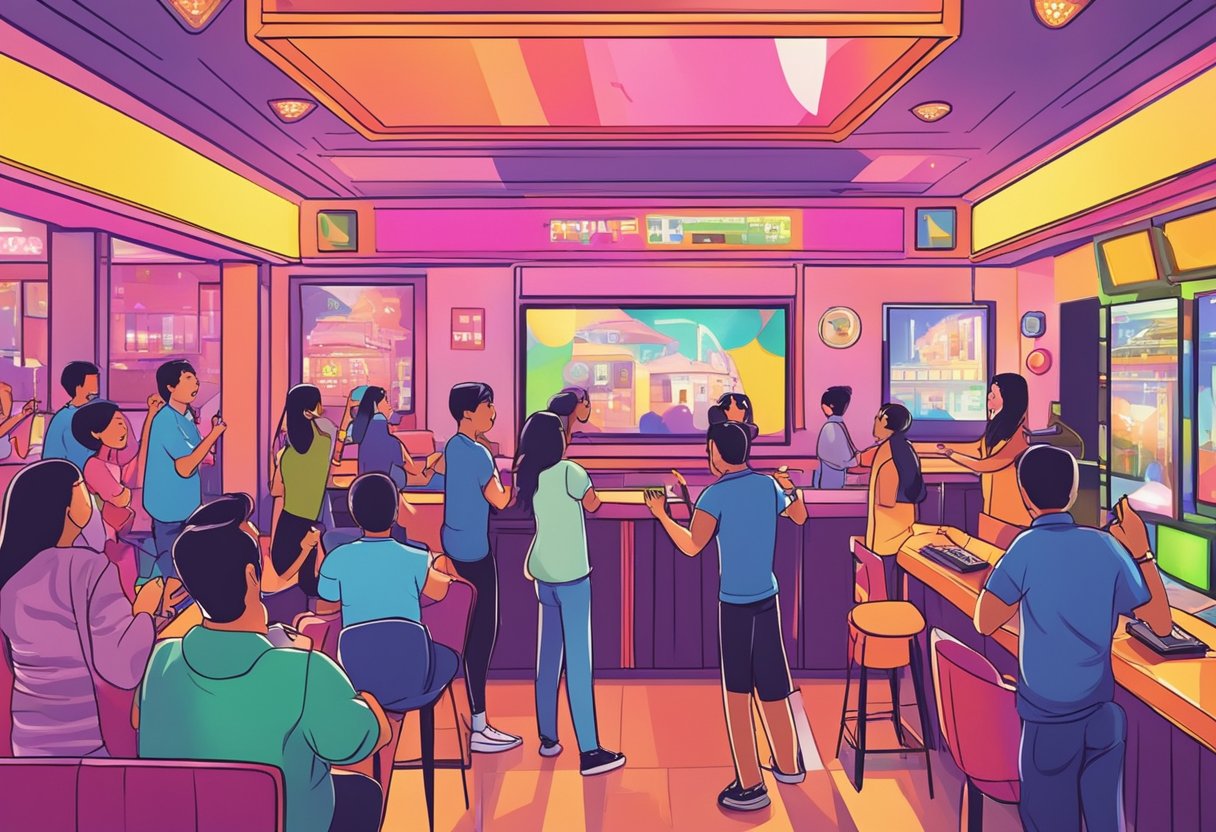 People singing at karaoke machines in a colorful, bustling Singapore karaoke bar