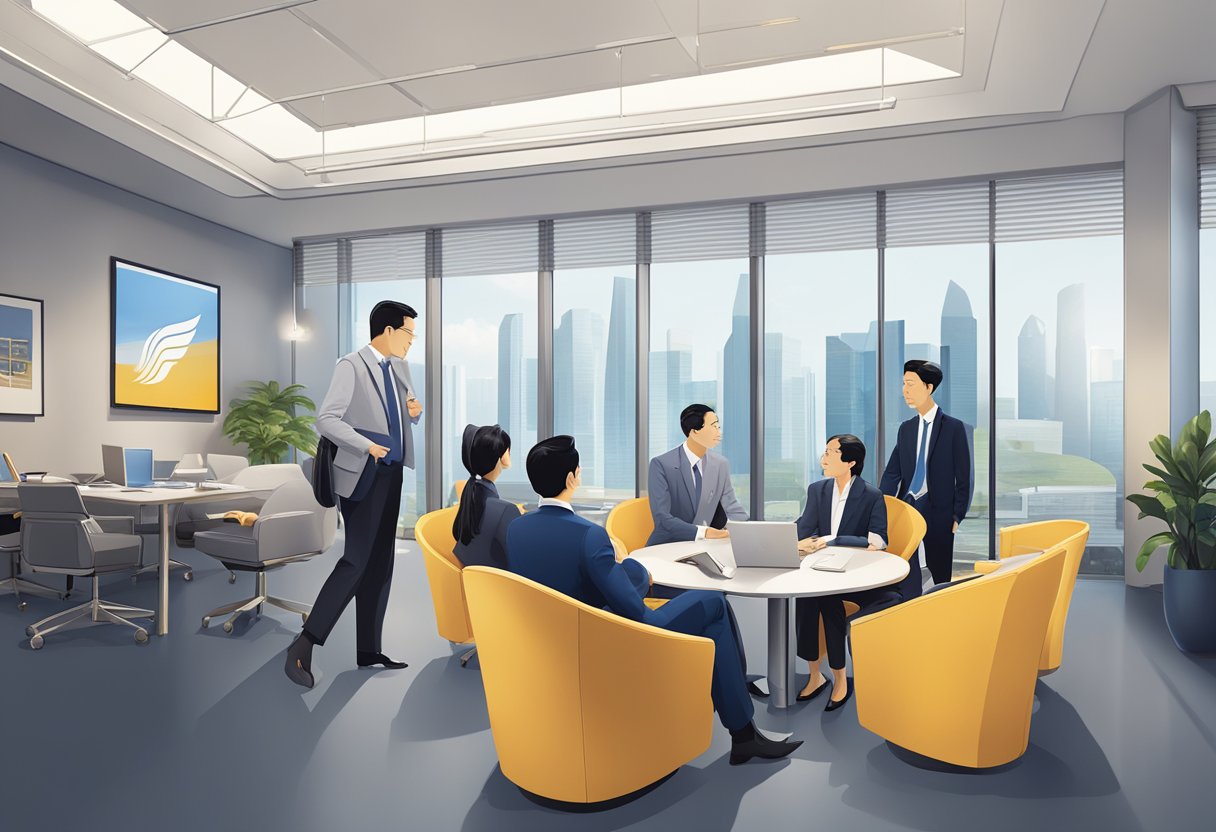 A group of professionals in business attire engaged in conversation at a modern office space, with the Singapore Airlines logo displayed prominently in the background