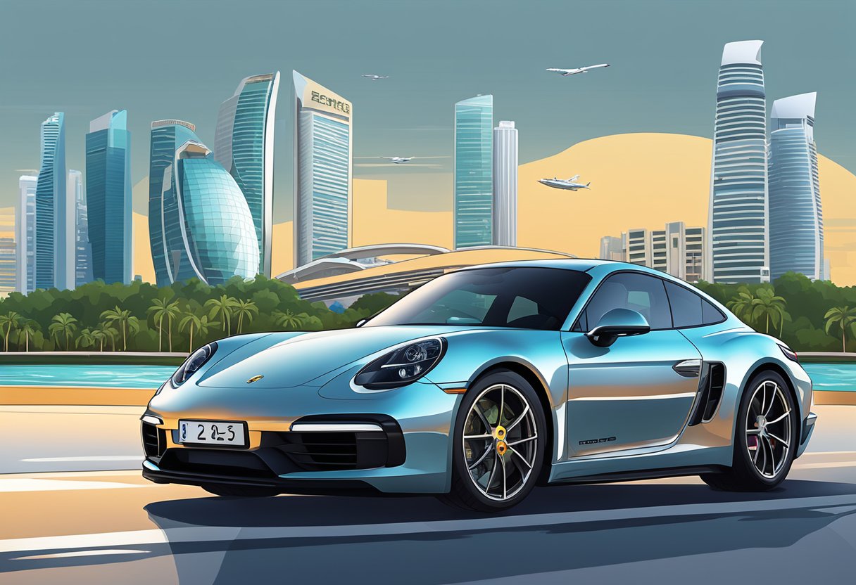 A sleek Porsche parked in front of a modern Singapore skyline, with the iconic Marina Bay Sands in the background