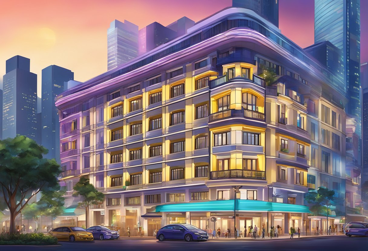 Hotel 81 Singapore, a modern building with sleek architecture, surrounded by bustling streets and colorful city lights