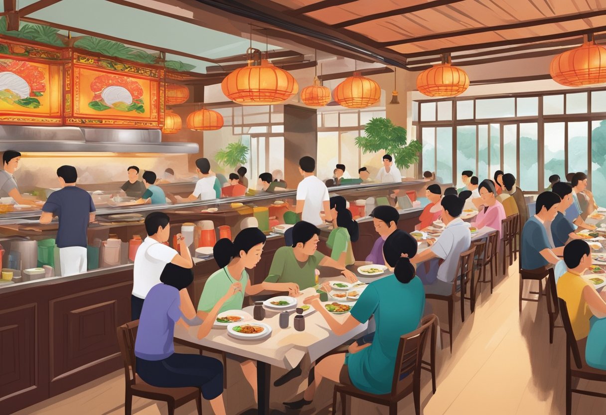 A bustling Chinese restaurant in Singapore, with colorful decor and a line of customers waiting to be seated. The aroma of sizzling woks and the sound of chopsticks clinking against plates fill the air