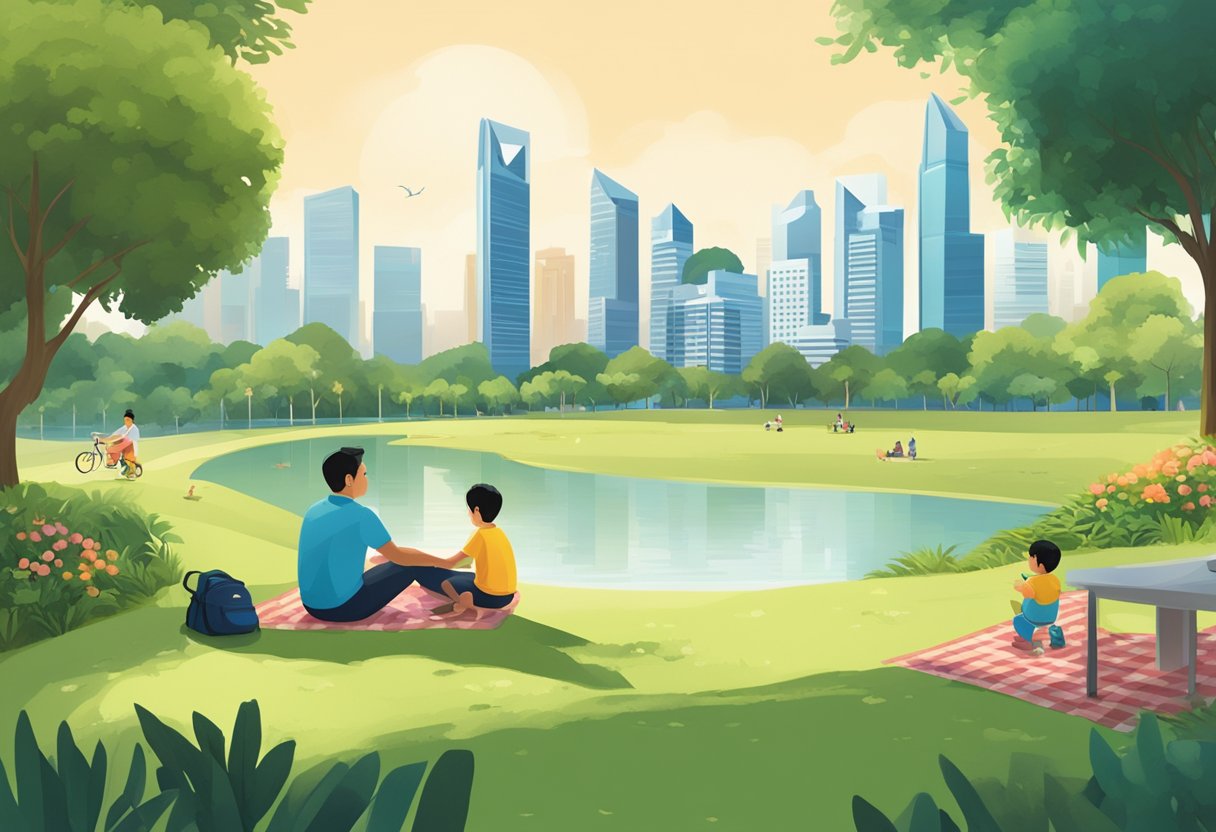 A father and child enjoying a picnic in a Singapore park, surrounded by lush greenery and iconic city skyline in the background