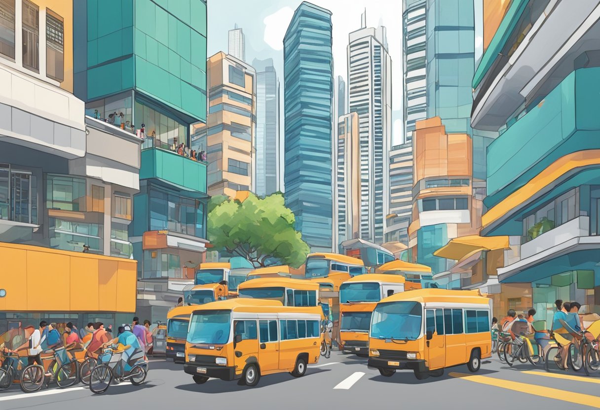 A busy street with lalamove delivery vehicles weaving through traffic in Singapore. Tall buildings and bustling crowds create a vibrant urban backdrop