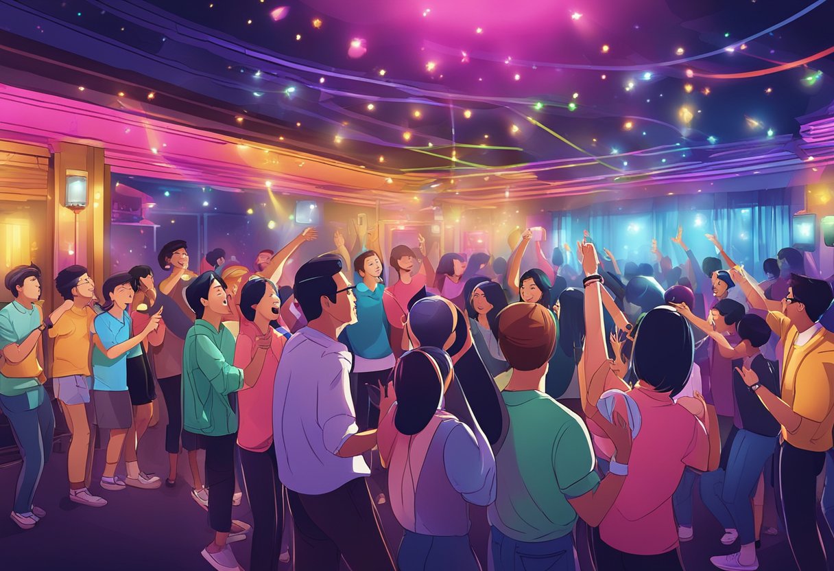 People at a karaoke bar in Singapore, singing and dancing with colorful lights and a lively atmosphere