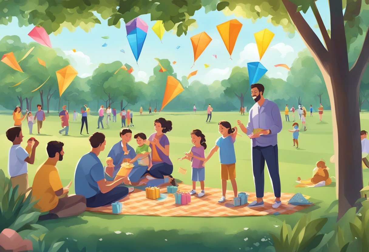 Families gather in a park, flying kites and having a picnic, with fathers being honored with gifts and cards