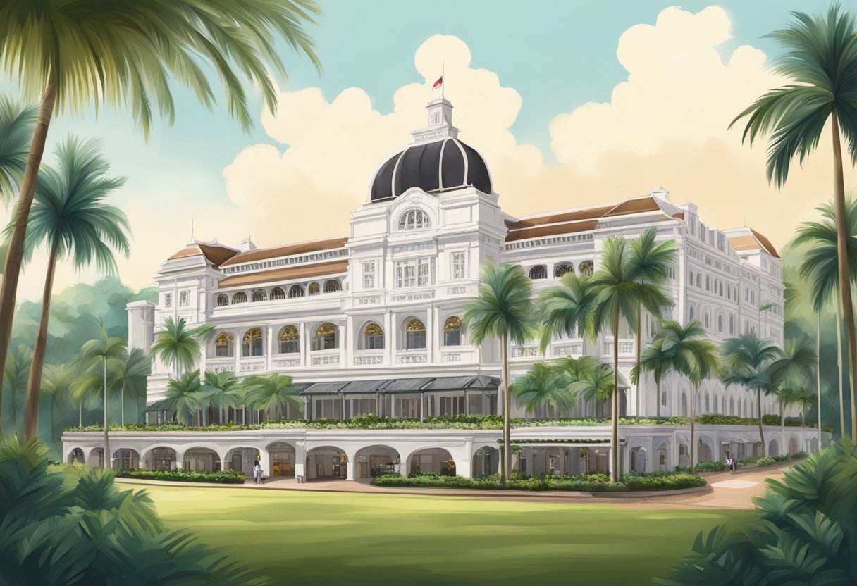 The iconic Raffles Hotel in Singapore stands tall with its colonial architecture and lush palm trees lining the grand entrance