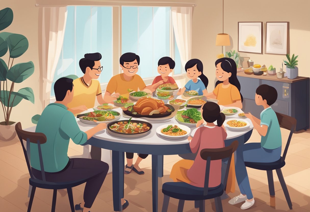 A family gathers around a table filled with a variety of delicious dishes, celebrating Father's Day in Singapore. The room is filled with warmth and laughter as they enjoy their dining experience