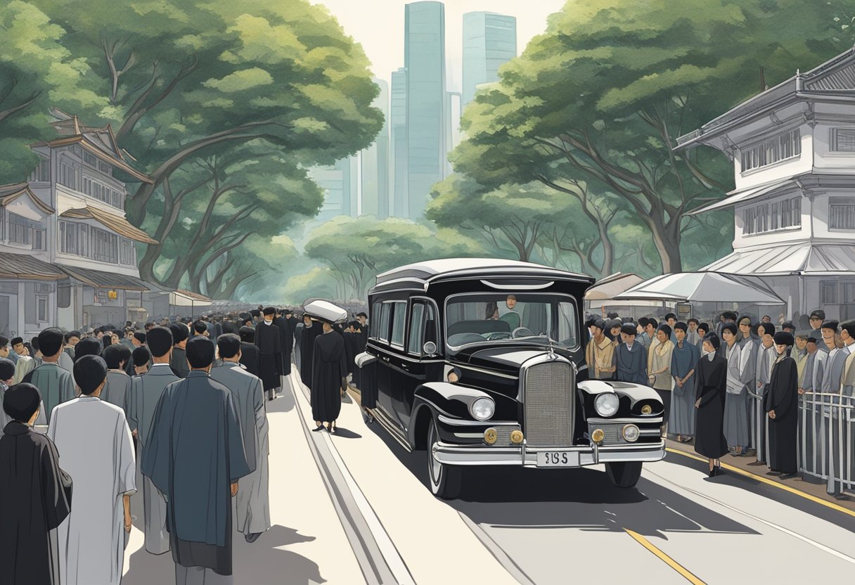 A somber procession of mourners follows a hearse through the streets of Singapore, flanked by tall buildings and lush greenery