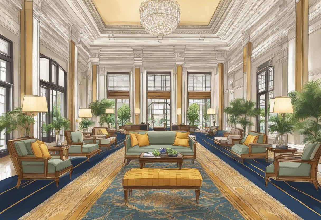 The grand lobby of Raffles Hotel Singapore, with its elegant furnishings and luxurious amenities, exudes a sense of opulence and sophistication