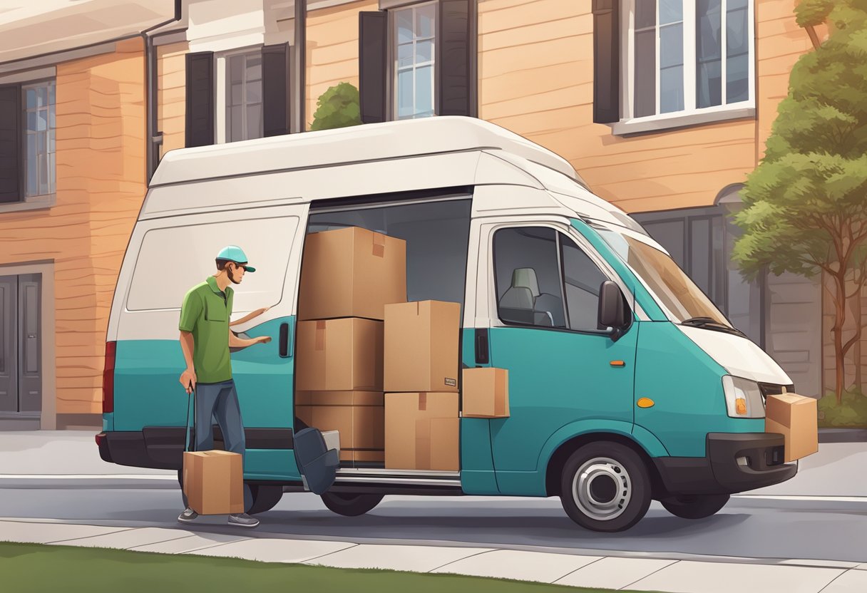 A Lalamove delivery van parked outside a residential building, with a delivery driver unloading packages from the back of the vehicle